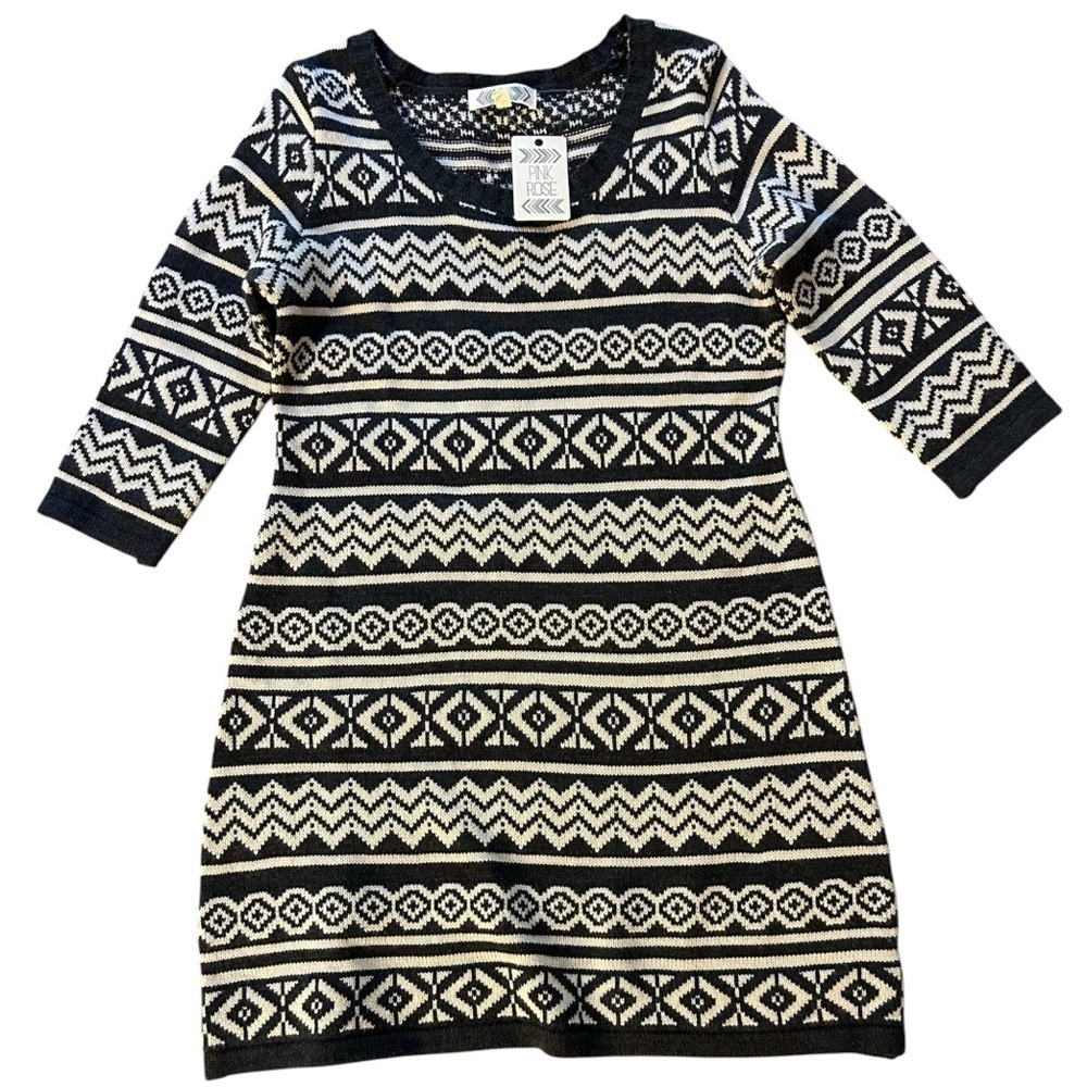 Pink Rose Black and Cream Geometric Patterned Dress